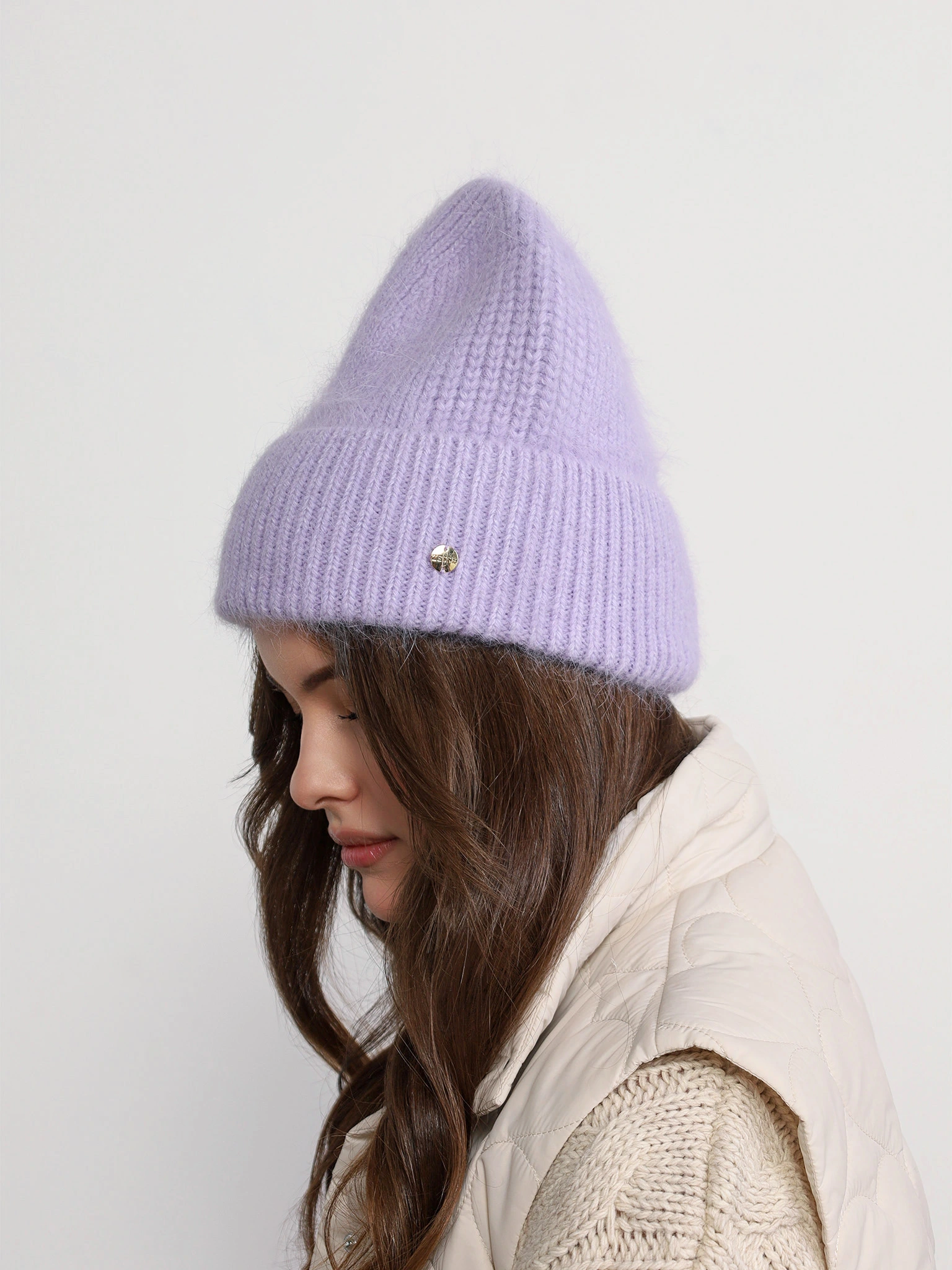 Шапка-бини из ангоры и нейлона с отворотом в ассортименте